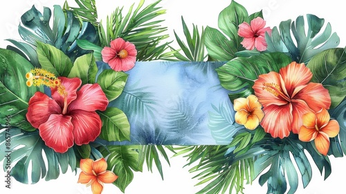 A lush array of tropical foliage mixed with vibrant exotic flowers against a serene background, representing the beauty and tranquility of tropical paradises perfect for decor. photo