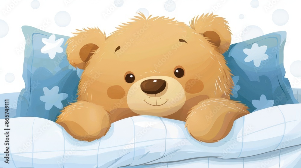 Charming illustration of an adorable teddy bear snuggled in bed with a blue blanket and pillow adorned with white floral patterns, set against a light background. Charming illustration of an adorable teddy bear snuggled in bed with a blue blanket and pillow adorned with white floral patterns, set against a light background.