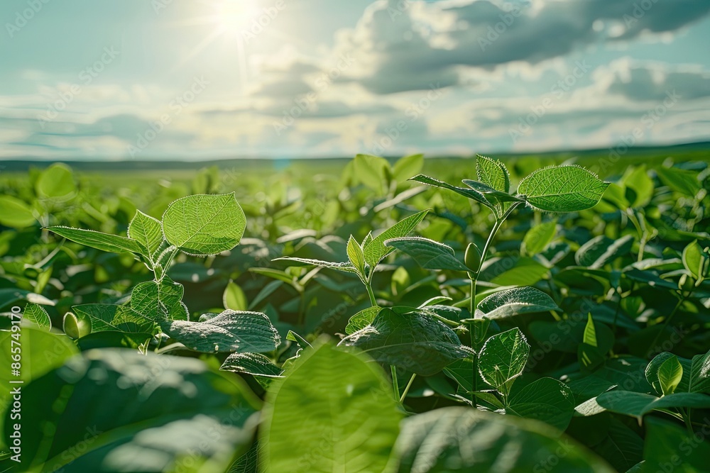 A field of green plants with a bright sun shining on them. The sun is in the background and the sky is cloudy A field of green plants with a bright sun shining on them. The sun is in the background and the sky is cloudy