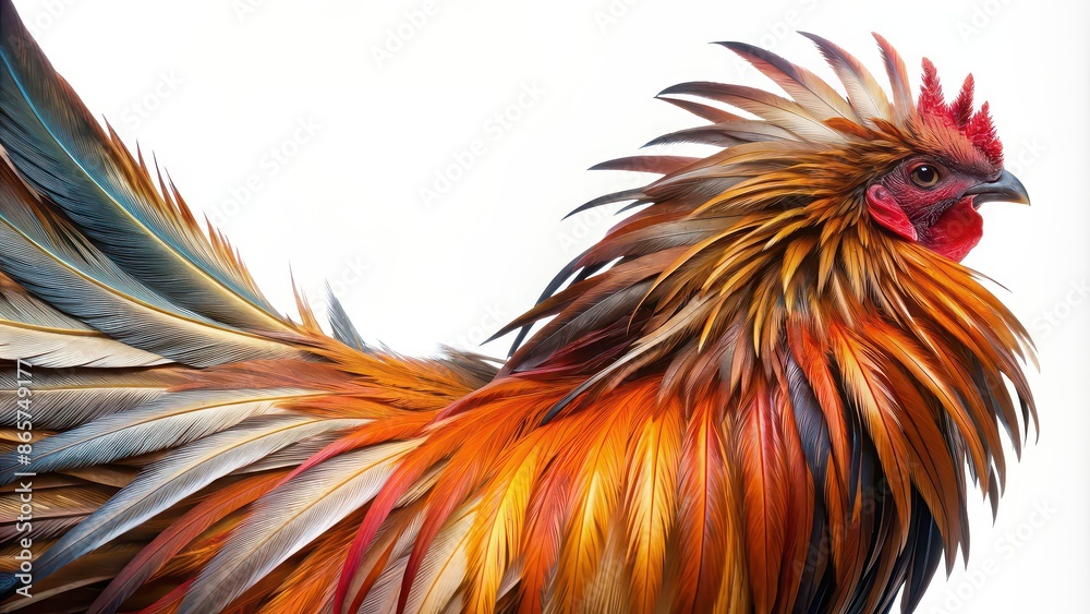 Wing feathers plumage of a rooster chicken fowl bird on the left side isolated, rooster, chicken, fowl, bird, wing