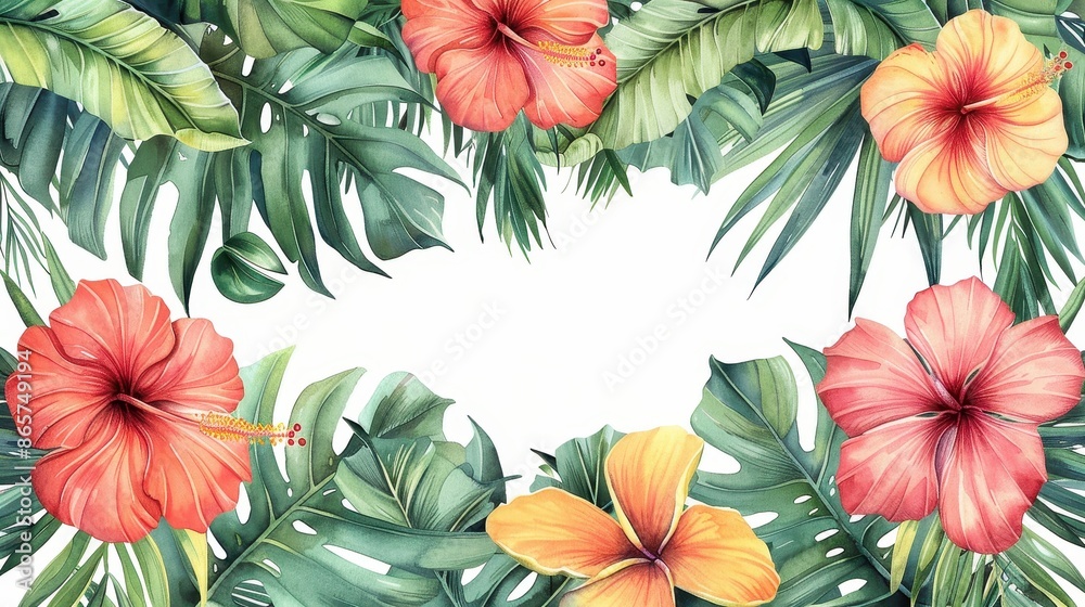 A stunning border made up of vibrant red and yellow hibiscus flowers interspersed with lush green tropical leaves, providing a frame-like view of nature's elegance. A stunning border made up of vibrant red and yellow hibiscus flowers interspersed with lush green tropical leaves, providing a frame-like view of nature's elegance.