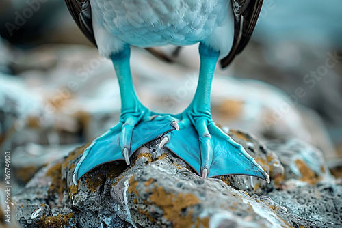 Rare bluefooted booby displaying colorful feet rocky shore highlighting the unique behavior of nature and wildlife using Sony FE 100400mm f4556 GM OSS utilizing a wide aperture to isolate the subject photo