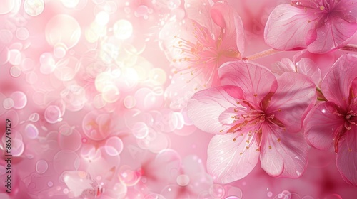 An image showcasing beautifully detailed pink flowers set against a dreamy bokeh background filled with soft bubbles of light, creating an elegant and romantic scene. © Design Depot