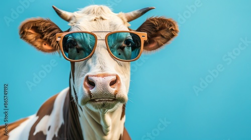 A cow wearing sunglasses looking at the camera. © stocker