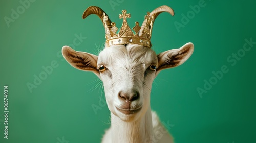 A goat wearing a gold crown, looking regal and amused. © stocker