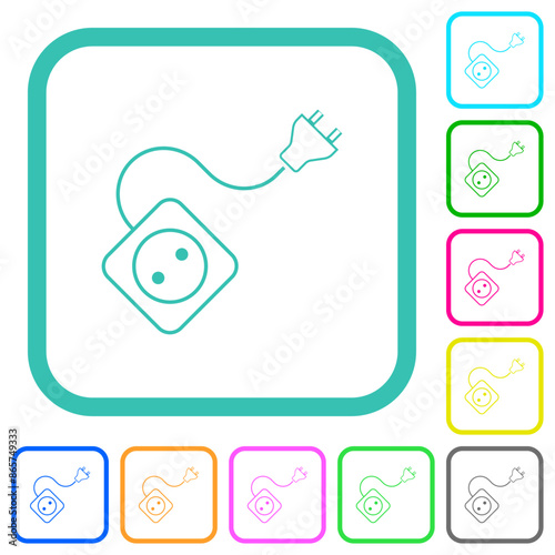 Portable electrical outlet with one socket and extension cord and plug outline vivid colored flat icons