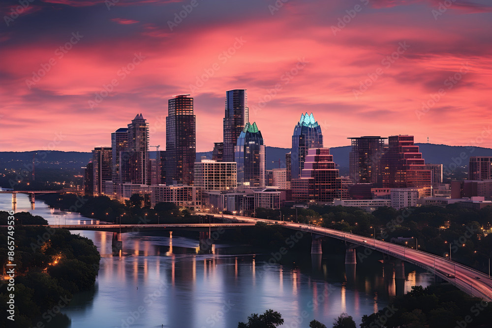 Fototapeta premium Stunning Capture of Austin City Skyline at Sunset Reflecting on Lady Bird Lake