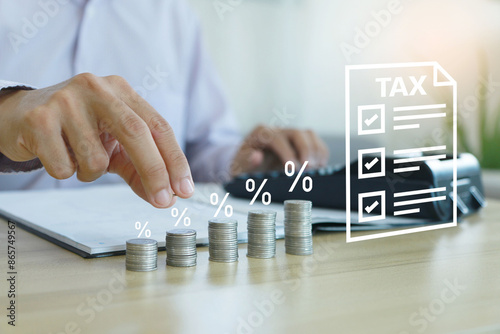 Tax deduction planning to complete online tax return forms To pay government taxes and tax return calculation concepts.
