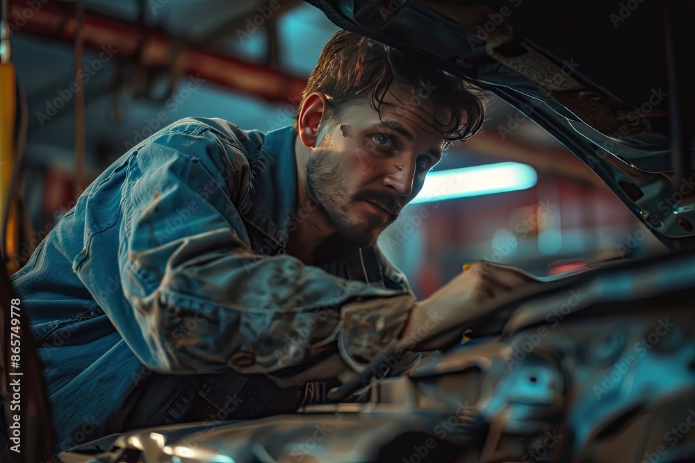 A man is working on a car engine. He is wearing a blue jacket and has a beard A man is working on a car engine. He is wearing a blue jacket and has a beard
