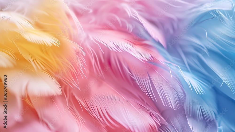 A colorful feather pattern with pink, yellow, and blue colors. The feathers are arranged in a way that creates a sense of movement and flow. The image evokes a feeling of freedom and lightness A colorful feather pattern with pink, yellow, and blue colors. The feathers are arranged in a way that creates a sense of movement and flow. The image evokes a feeling of freedom and lightness