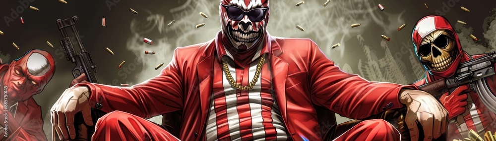 A cunning mafia villain, impeccably dressed, seated in a smoky office, surrounded by henchmen and piles of illgotten riches