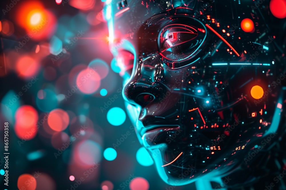Closeup Portrait of a Futuristic Robot Face With Digital Interface and Lights Closeup Portrait of a Futuristic Robot Face With Digital Interface and Lights