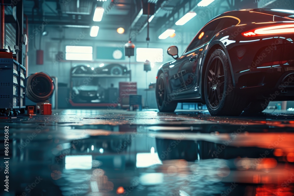 car repair in garage service station with soft focus and over light in the background car repair in garage service station with soft focus and over light in the background