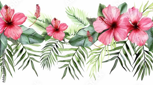 An artistic representation of pink hibiscus flowers and abundant green foliage, arranged in a flowing style showcasing the beauty of tropical and botanical elements.