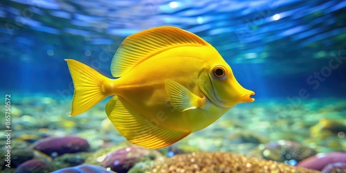 Vibrant and colorful yellow tang fish swimming in crystal clear ocean waters, marine life