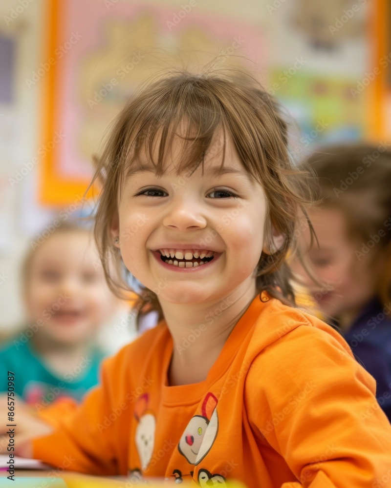 A little girl smiling while sitting at a table with other children. Generative AI. A little girl smiling while sitting at a table with other children. Generative AI.