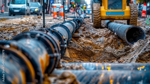 A large pipe is being installed underground for infrastructure purposes, such as a gas pipeline or sewage system photo