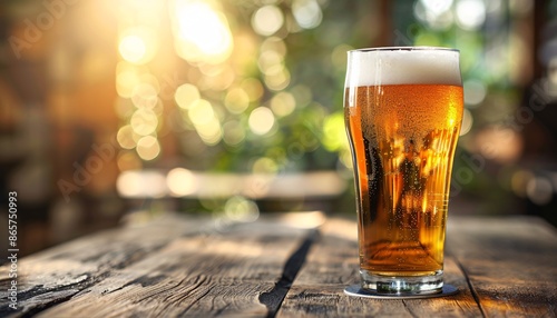 Glass of cold beer on wooden table with outdoor drinking ambiance.
