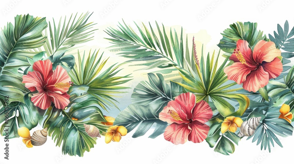 A tropical floral arrangement featuring lush green leaves and vibrant red hibiscus flowers. This vivid and refreshing composition evokes a sense of paradise and natural beauty. A tropical floral arrangement featuring lush green leaves and vibrant red hibiscus flowers. This vivid and refreshing composition evokes a sense of paradise and natural beauty.
