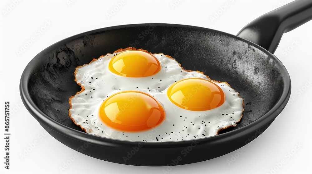 A close-up image of three perfectly cooked sunny-side-up eggs frying in a black pan, capturing the essence of a nutritious and appetizing breakfast meal, freshly prepared. A close-up image of three perfectly cooked sunny-side-up eggs frying in a black pan, capturing the essence of a nutritious and appetizing breakfast meal, freshly prepared.