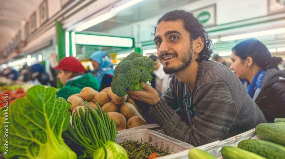 Fototapeta premium A man holds a broccoli in a market. AI.