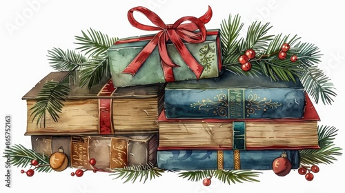 A collection of old books stacked together, adorned with a gift box wrapped in red ribbon, surrounded by pine branches and festive holiday decorations, including berries and ornaments.