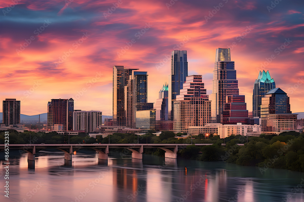 Stunning Capture of Austin City Skyline at Sunset Reflecting on Lady Bird Lake Stunning Capture of Austin City Skyline at Sunset Reflecting on Lady Bird Lake