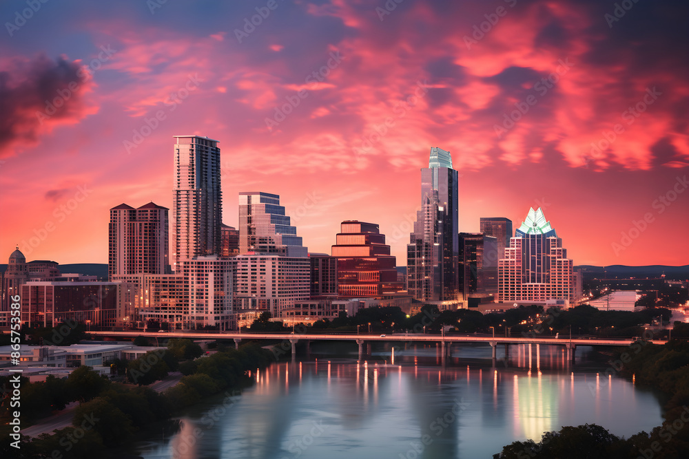Naklejka premium Stunning Capture of Austin City Skyline at Sunset Reflecting on Lady Bird Lake