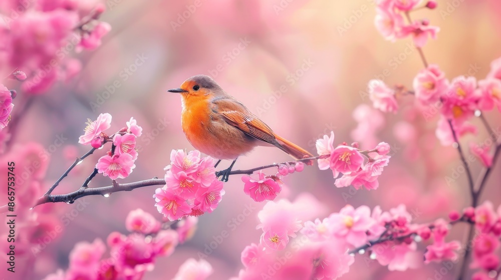 Beautiful Bird on Cherry Blossom Branch - Generative AI Beautiful Bird on Cherry Blossom Branch - Generative AI