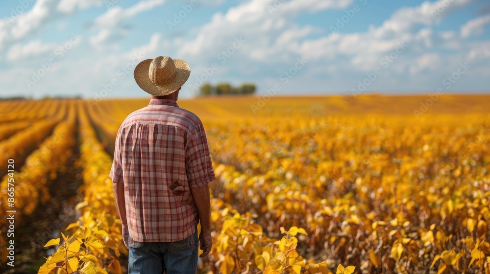 A man wearing a straw hat stands in a field of yellow corn. The field is full of corn stalks and the sky is blue A man wearing a straw hat stands in a field of yellow corn. The field is full of corn stalks and the sky is blue