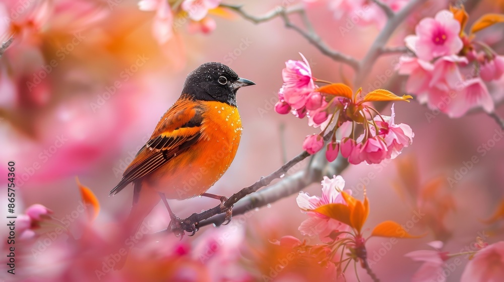 Colorful Bird on a Branch with Pink Blossoms - Generative AI Colorful Bird on a Branch with Pink Blossoms - Generative AI