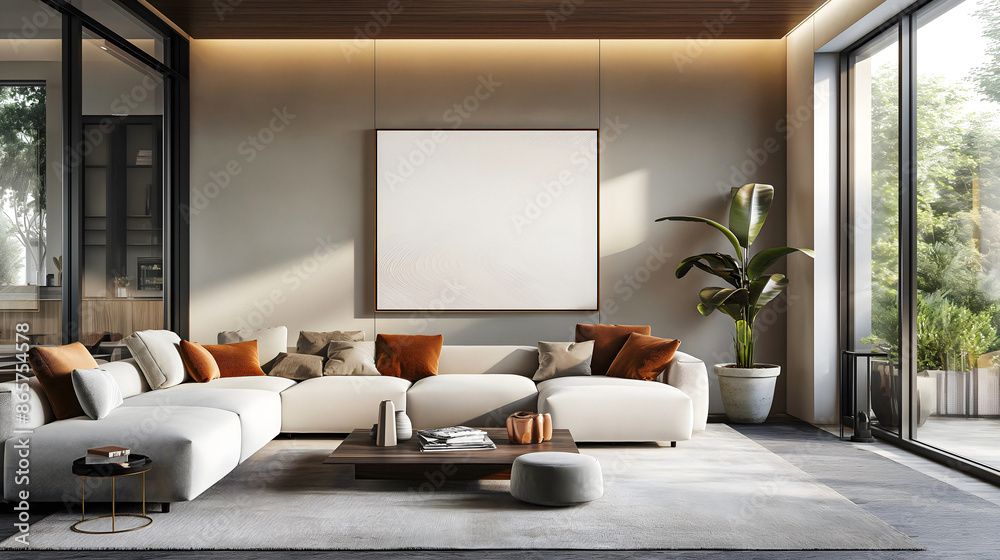 Living room interior with couch and canvas on the wall, house enviroment Living room interior with couch and canvas on the wall, house enviroment