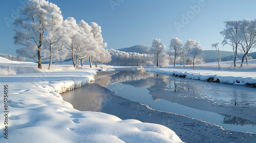 Snowy landscape a clear blue sky  applying a polarizing filter to reduce glare