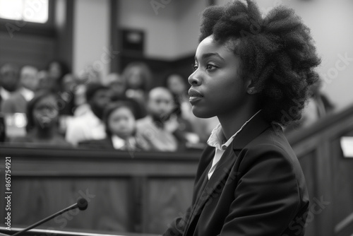 With an air of determined confidence, the African American attorney eloquently speaks to the judge and jury, passionately advocating for justice and highlighting the importance of photo