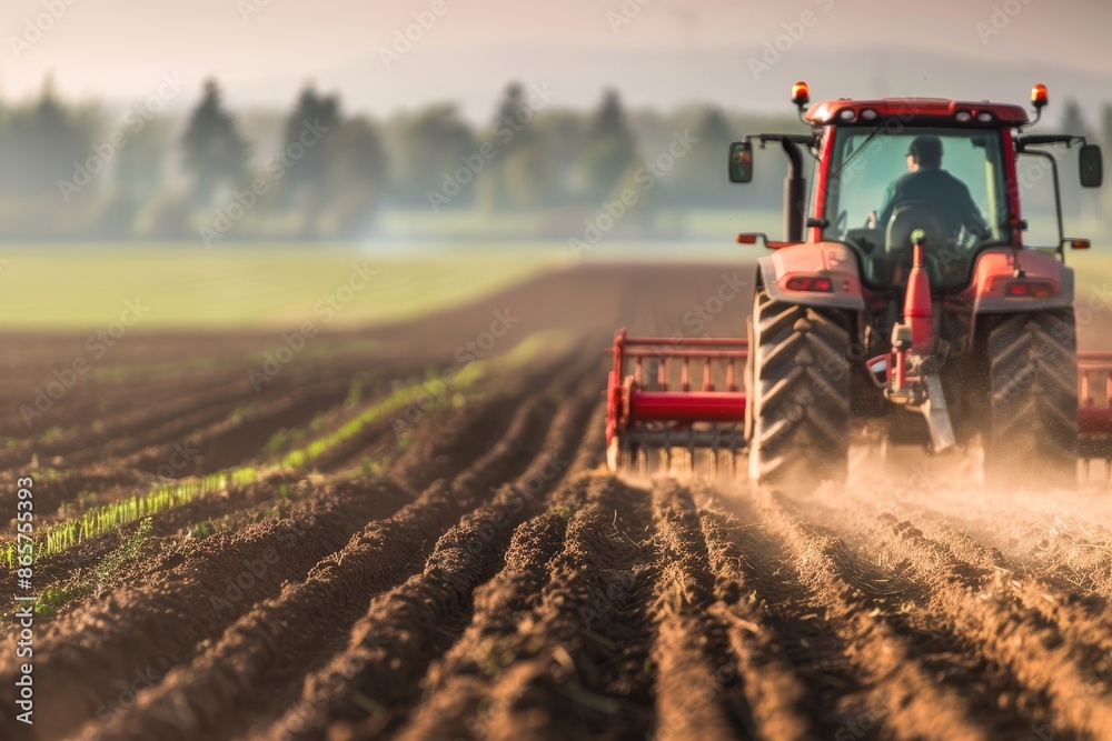 Fototapeta premium Farmer in tractor prepping soil with seedbed for next year