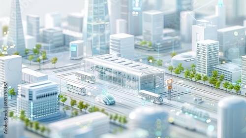 A high-tech urban mobility hub featuring Mobility-as-a-Service platforms with digital kiosks, real-time transport options, and smart ticketing, highly detailed, photorealistic