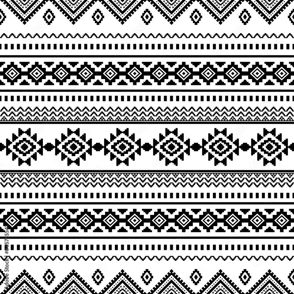 Ancient echoes Aztec geometric seamless patterns southwest Navajo Native American tribal ethnic black and white for textile printing