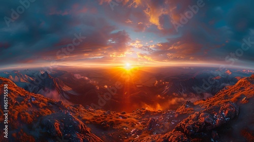 Sunset over mountains using fisheye lens for a unique curved horizon perspective