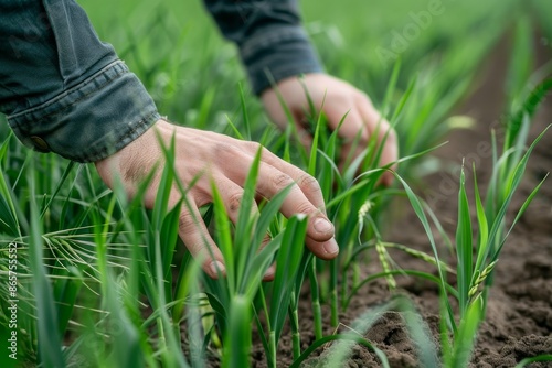 Farmer touches wheat sprouts practicing natural farming and protecting ecology