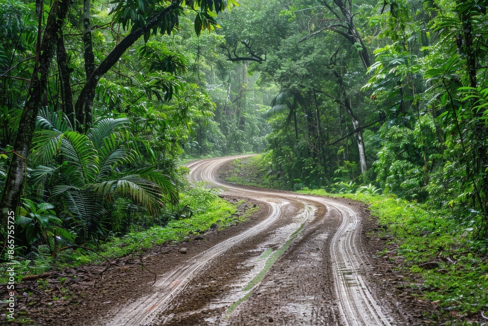 Fototapeta premium A dirt road in a forest with a lot of trees. The road is wet and muddy. The trees are green and lush