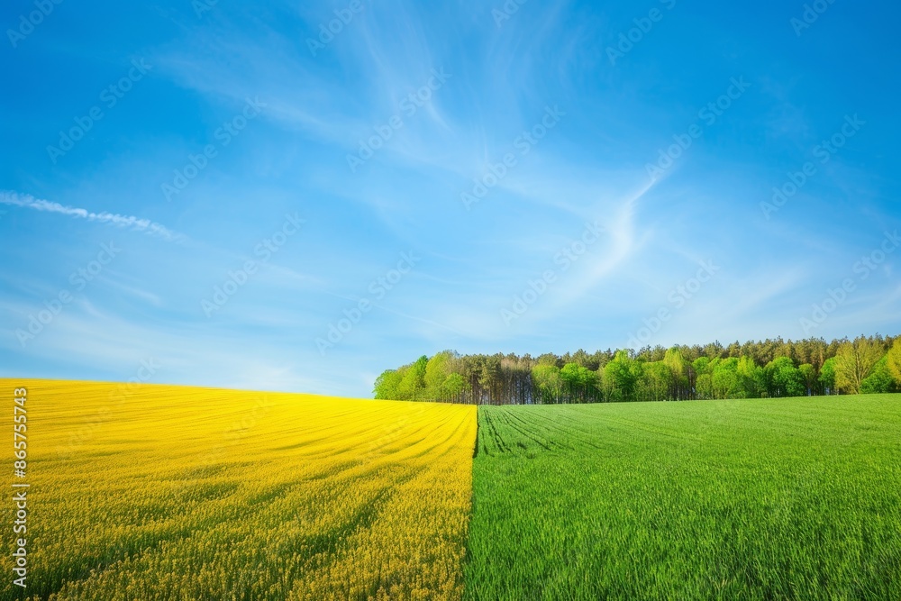 Fototapeta premium Farming concept involving holistic management for regenerative agriculture Yellow field under blue sky green forest with grass