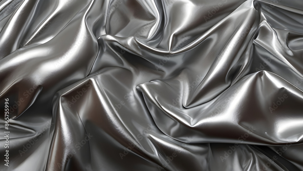 Fototapeta premium Silver metallic silk satin folded fabric background.