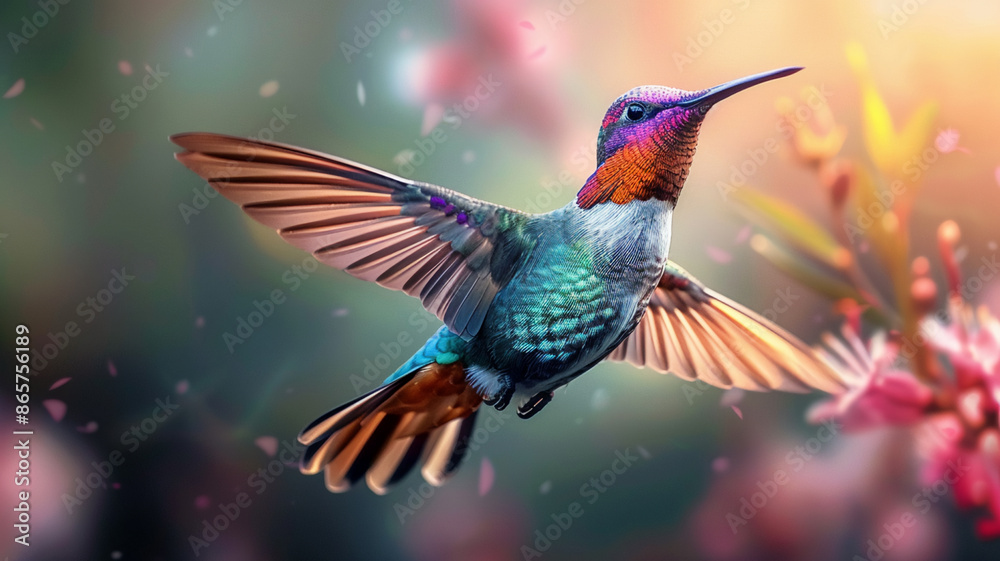 Hummingbird flying vibrant colors, AI Generative. Hummingbird flying vibrant colors, AI Generative.
