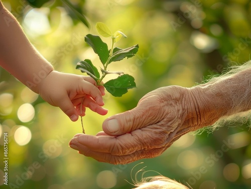 Hand of elderly man giving young plant to child's hand on green natural background. Ecology, environment protection for new generation - ai