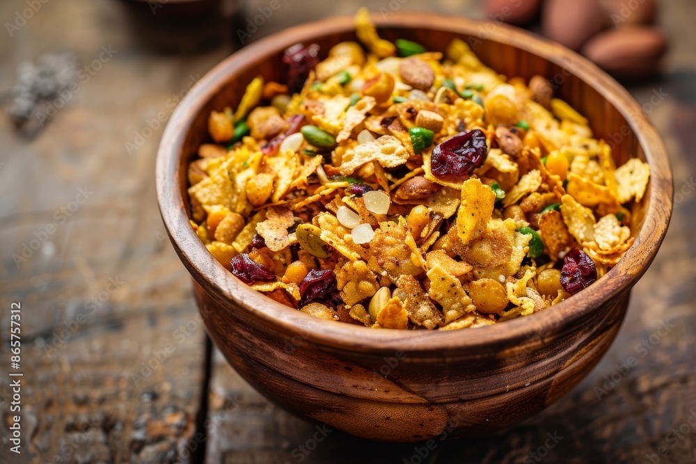 Indian deep fried snack made of gram flour dry fruits chivda or farsan or namkeen