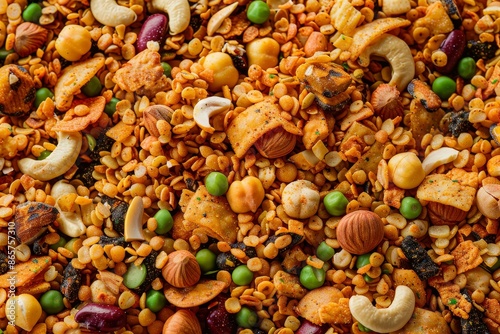Indian chivda mixed with nuts spice and peas Bombay mix backdrop photo