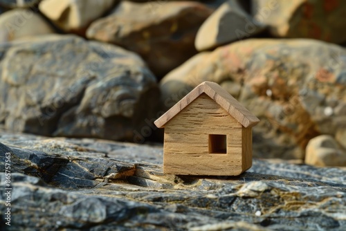 Miniature wooden house on stone background photo