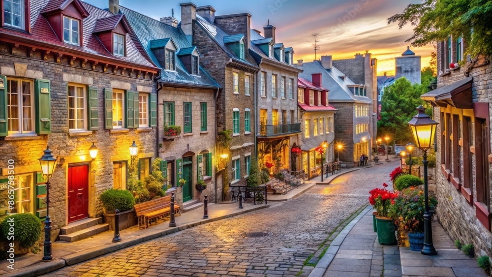 Historic cobblestone street lined with charming boutiques, gas lamps, and colorful buildings in picturesque Lower Town Quebec City scenery. Historic cobblestone street lined with charming boutiques, gas lamps, and colorful buildings in picturesque Lower Town Quebec City scenery.