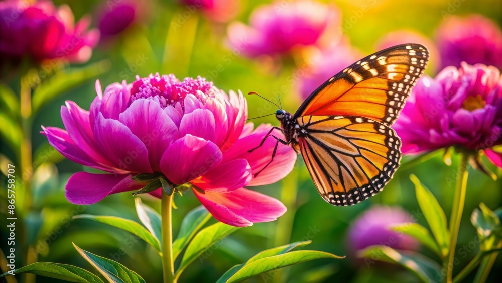 Delicate orange monarch butterfly perches on vibrant pink peony flower in warm sunny meadow with lush green foliage surrounding it. Delicate orange monarch butterfly perches on vibrant pink peony flower in warm sunny meadow with lush green foliage surrounding it.