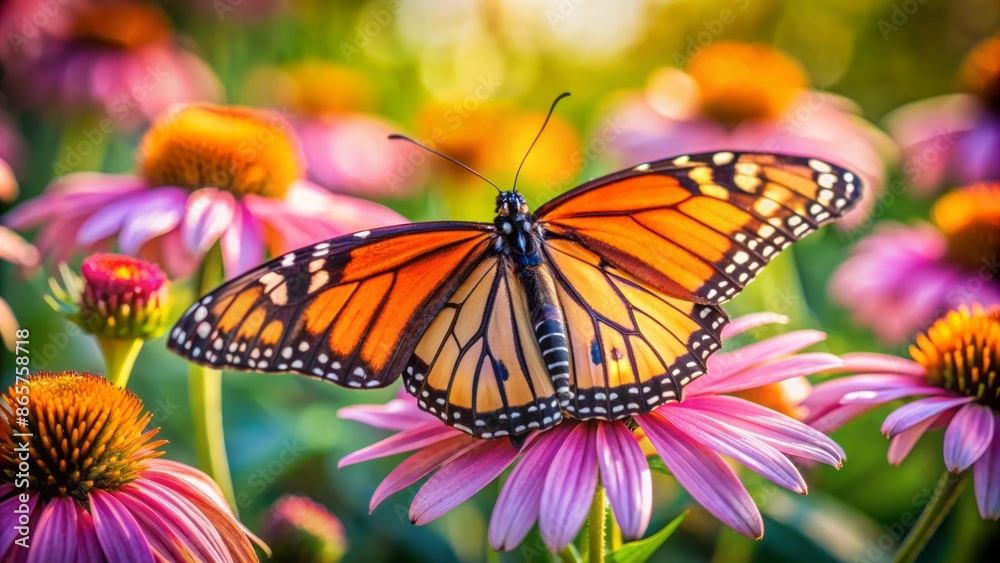 Naklejka premium Vibrant orange monarch butterfly with delicate wings perched on soft pink petals of a lush blooming flower in summer garden.